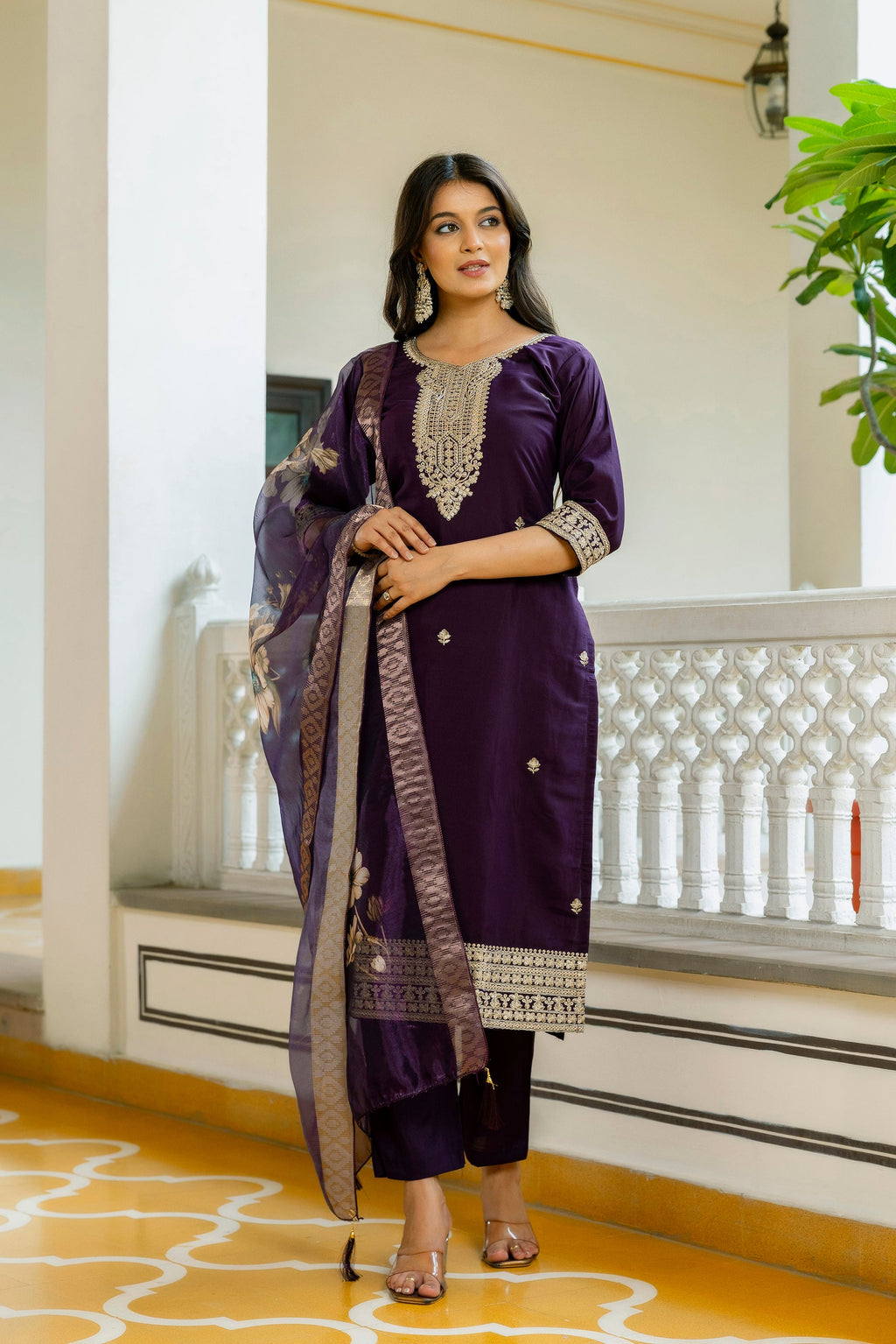 Sonakshi Women's Purple Viscose Chanderi Embroidered Kurta Set with Dupatta - Distacart