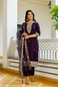 Sonakshi Women's Purple Viscose Chanderi Embroidered Kurta Set with Dupatta - Distacart