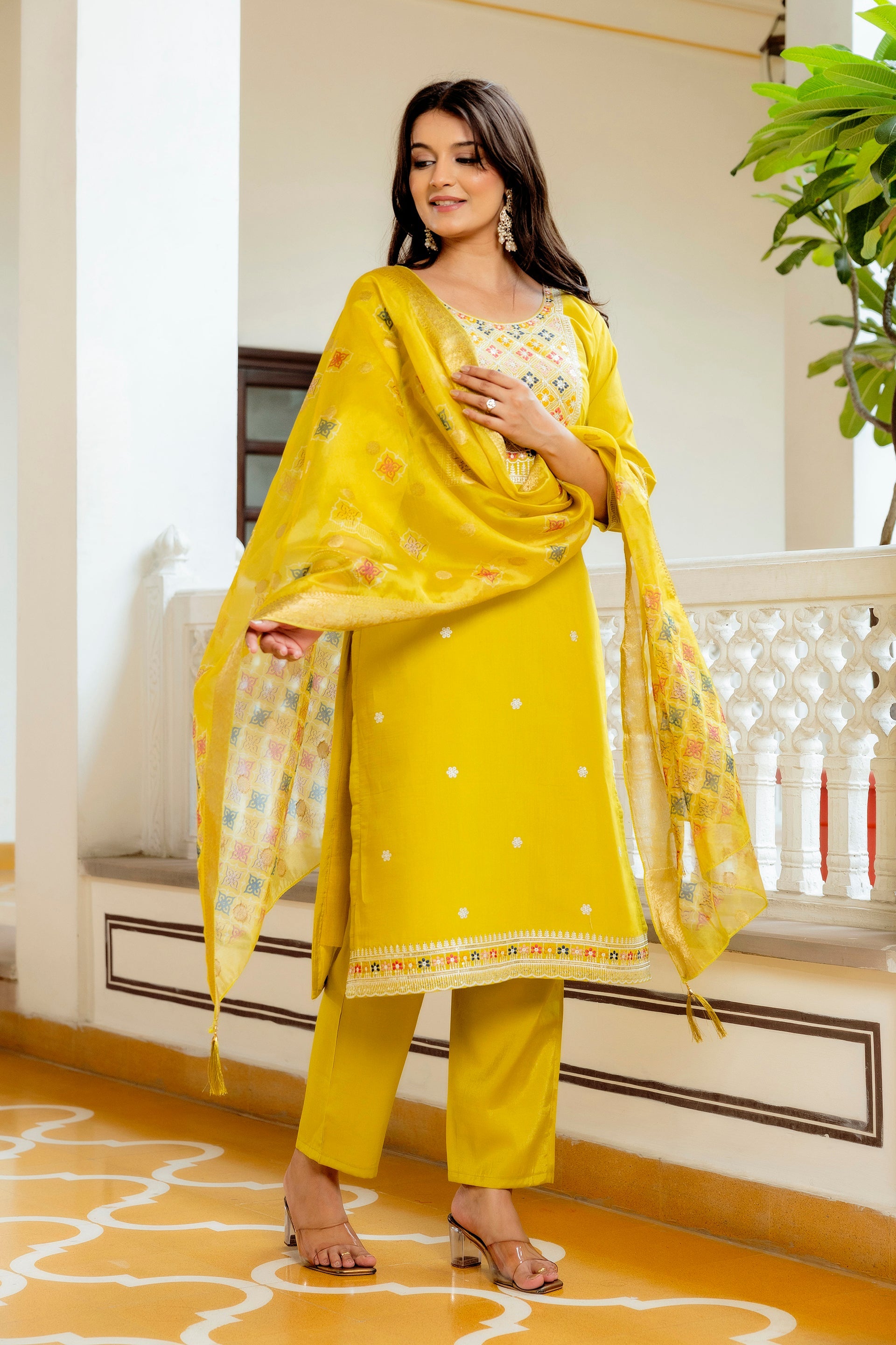 Sonakshi Women's Yellow Viscose Shimmer Embroidered Kurta Set with Dupatta - Distacart
