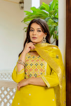 Sonakshi Women's Yellow Viscose Shimmer Embroidered Kurta Set with Dupatta - Distacart