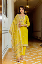 Sonakshi Women's Yellow Viscose Shimmer Embroidered Kurta Set with Dupatta - Distacart