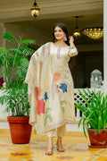 Sonakshi Women's Off White Viscose Assam Silk Embroidered Kurta Set with Dupatta - Distacart