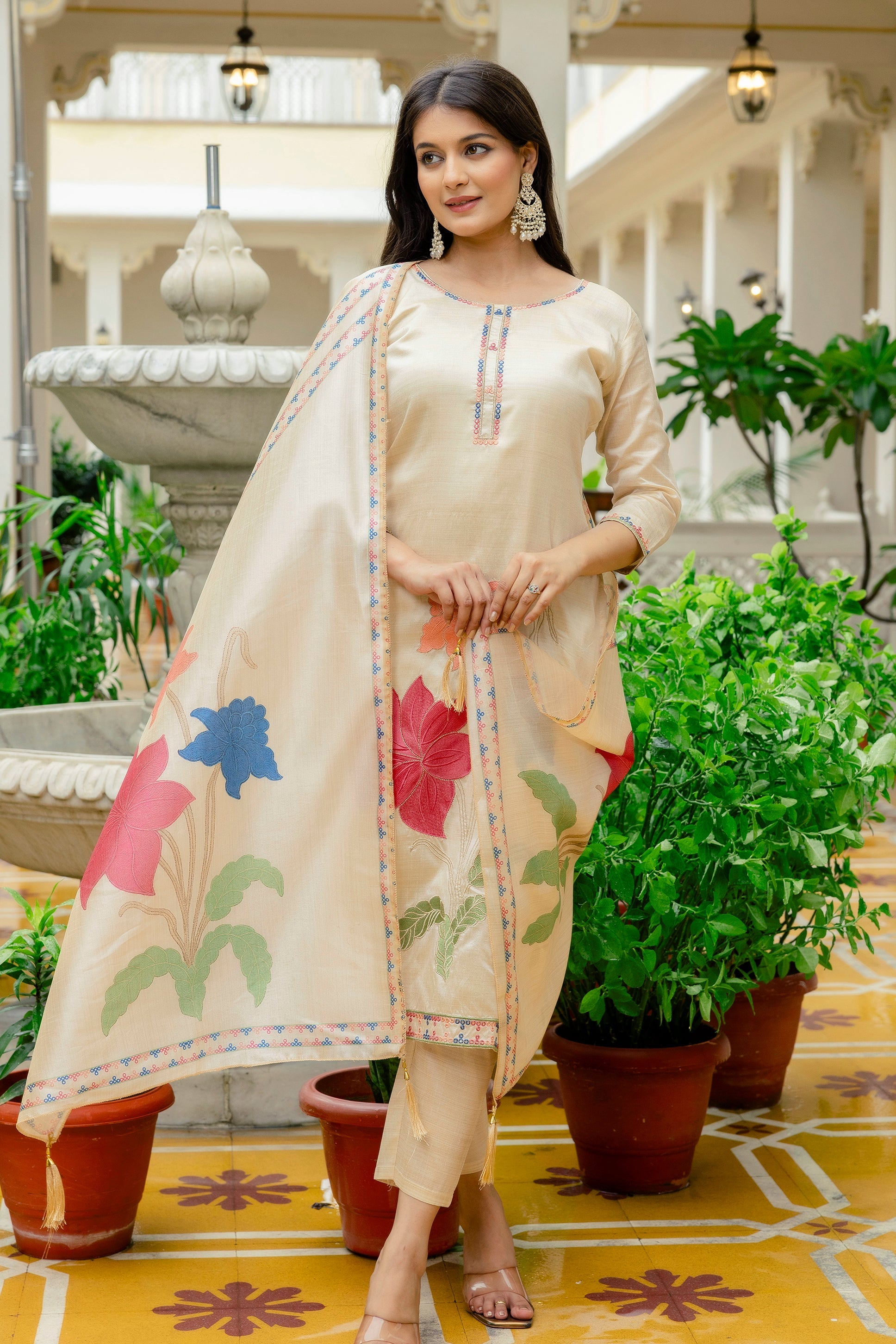 Sonakshi Women's Off White Viscose Assam Silk Embroidered Kurta Set with Dupatta - Distacart