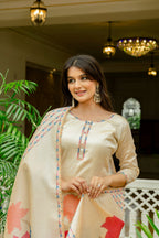 Sonakshi Women's Off White Viscose Assam Silk Embroidered Kurta Set with Dupatta - Distacart