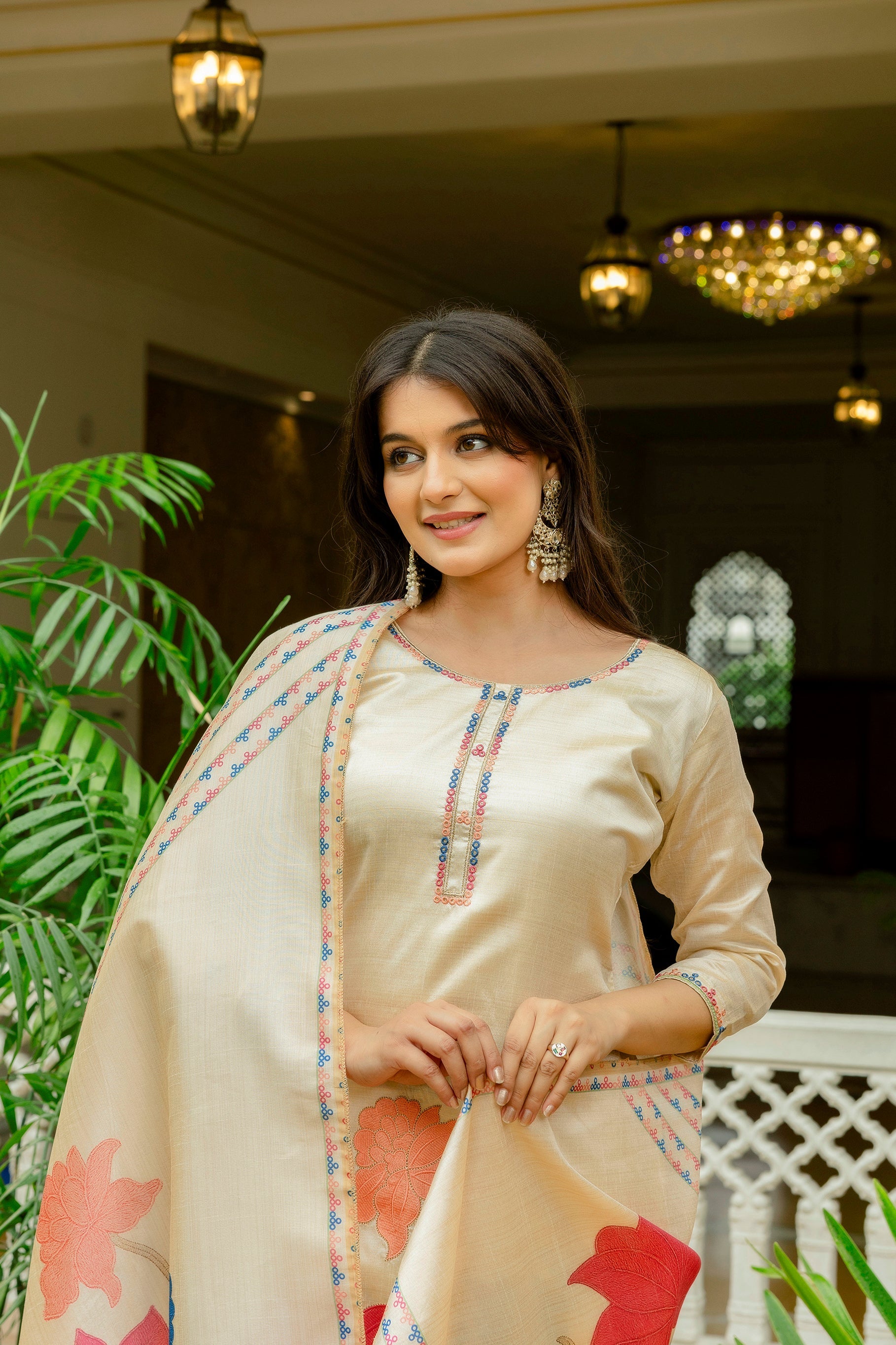 Sonakshi Women's Off White Viscose Assam Silk Embroidered Kurta Set with Dupatta - Distacart