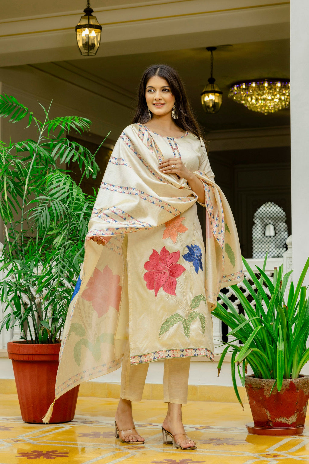 Sonakshi Women's Off White Viscose Assam Silk Embroidered Kurta Set with Dupatta - Distacart