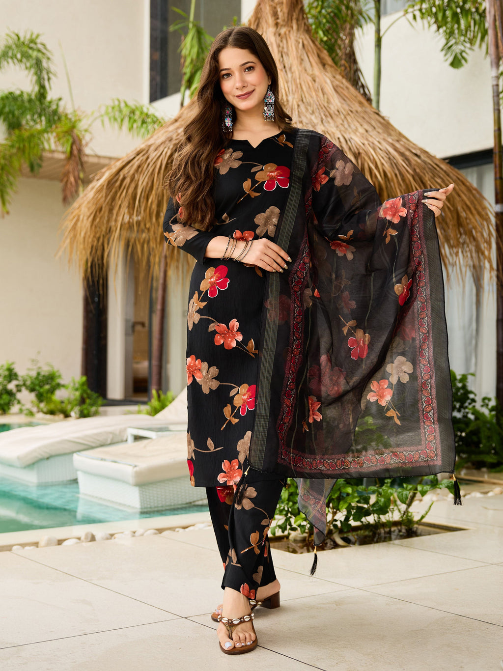 Sonakshi Women's Black Silk Blend Printed Kurta Set with Dupatta - Distacart
