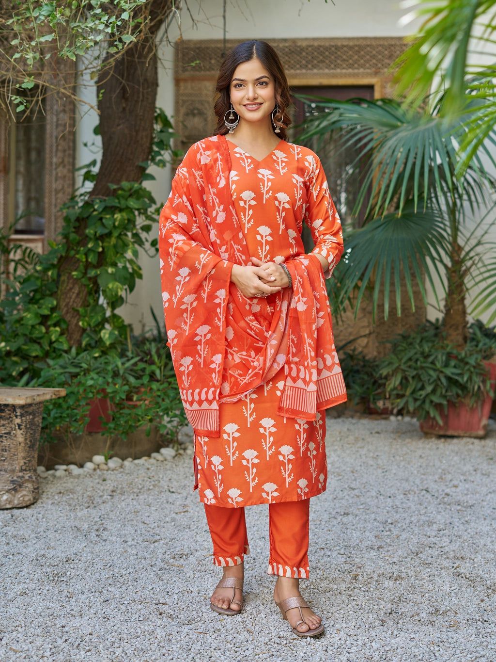 Sonakshi Women's Orange Cotton Blend Printed Kurta Set with Dupatta - Distacart