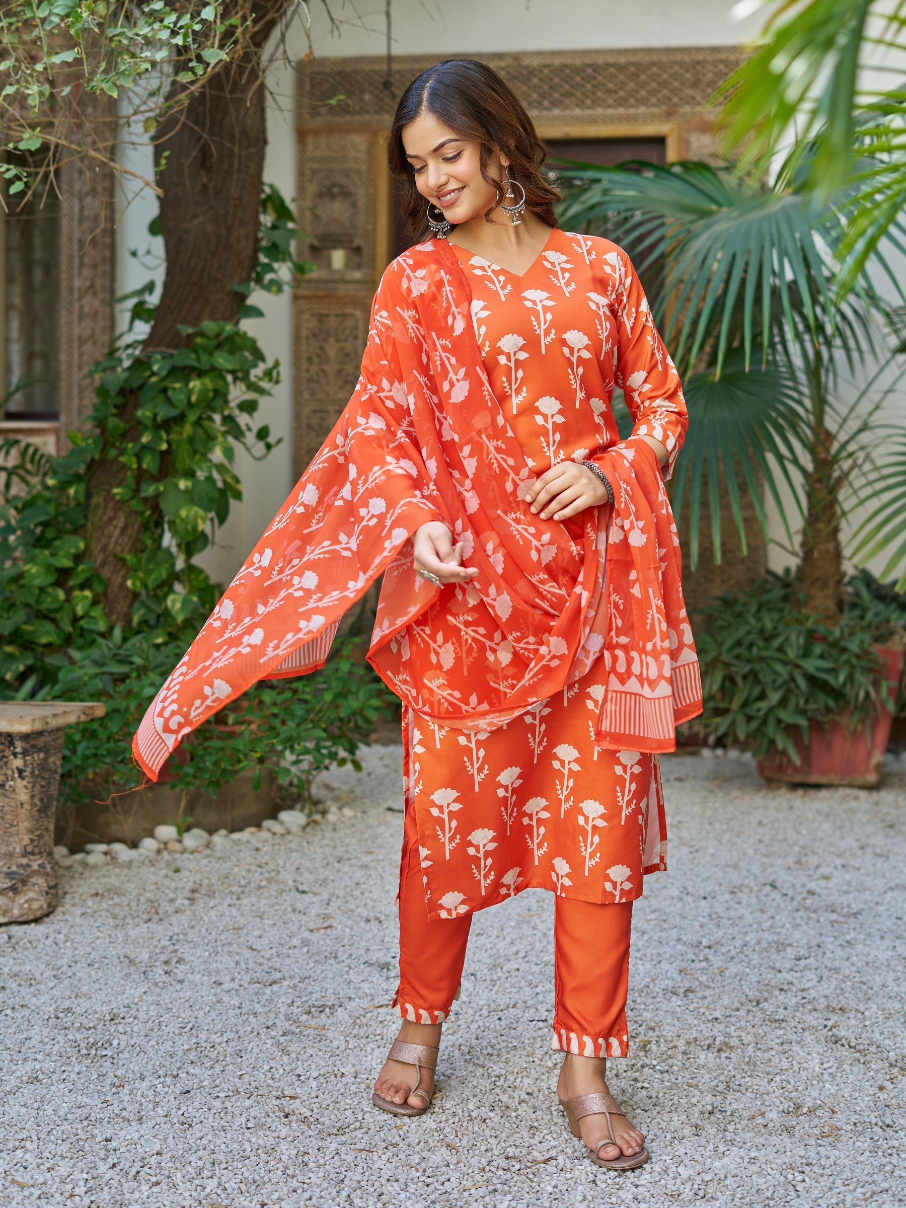 Sonakshi Women's Orange Cotton Blend Printed Kurta Set with Dupatta - Distacart