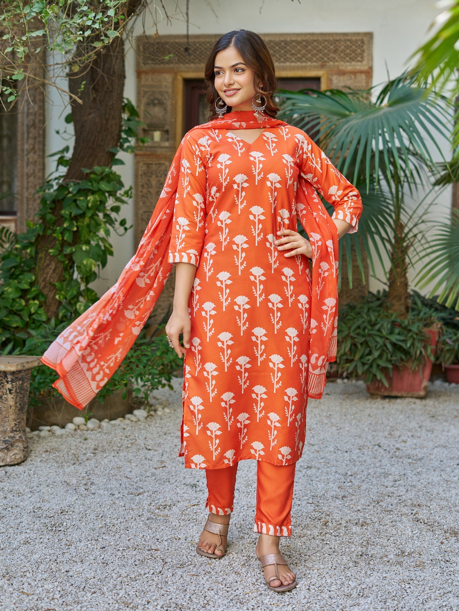 Sonakshi Women's Orange Cotton Blend Printed Kurta Set with Dupatta - Distacart