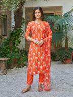 Sonakshi Women's Orange Cotton Blend Printed Kurta Set with Dupatta - Distacart