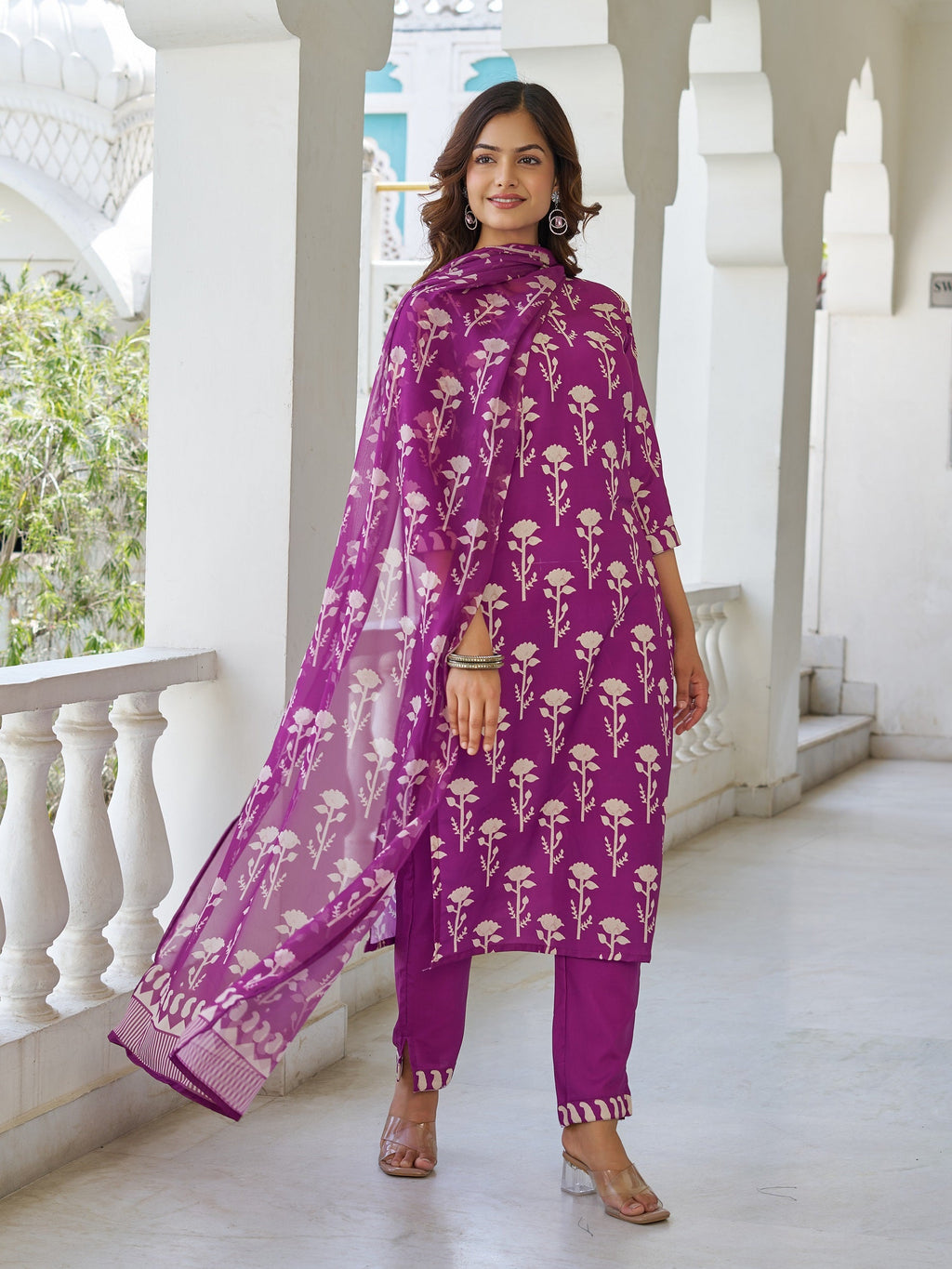 Sonakshi Women's Purple Cotton Blend Printed Kurta Set with Dupatta - Distacart