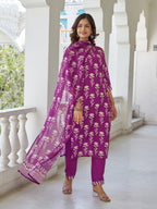 Sonakshi Women's Purple Cotton Blend Printed Kurta Set with Dupatta - Distacart