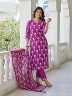 Sonakshi Women's Purple Cotton Blend Printed Kurta Set with Dupatta - Distacart