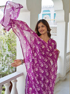 Sonakshi Women's Purple Cotton Blend Printed Kurta Set with Dupatta - Distacart