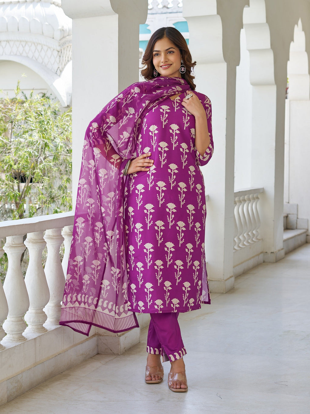 Sonakshi Women's Purple Cotton Blend Printed Kurta Set with Dupatta - Distacart