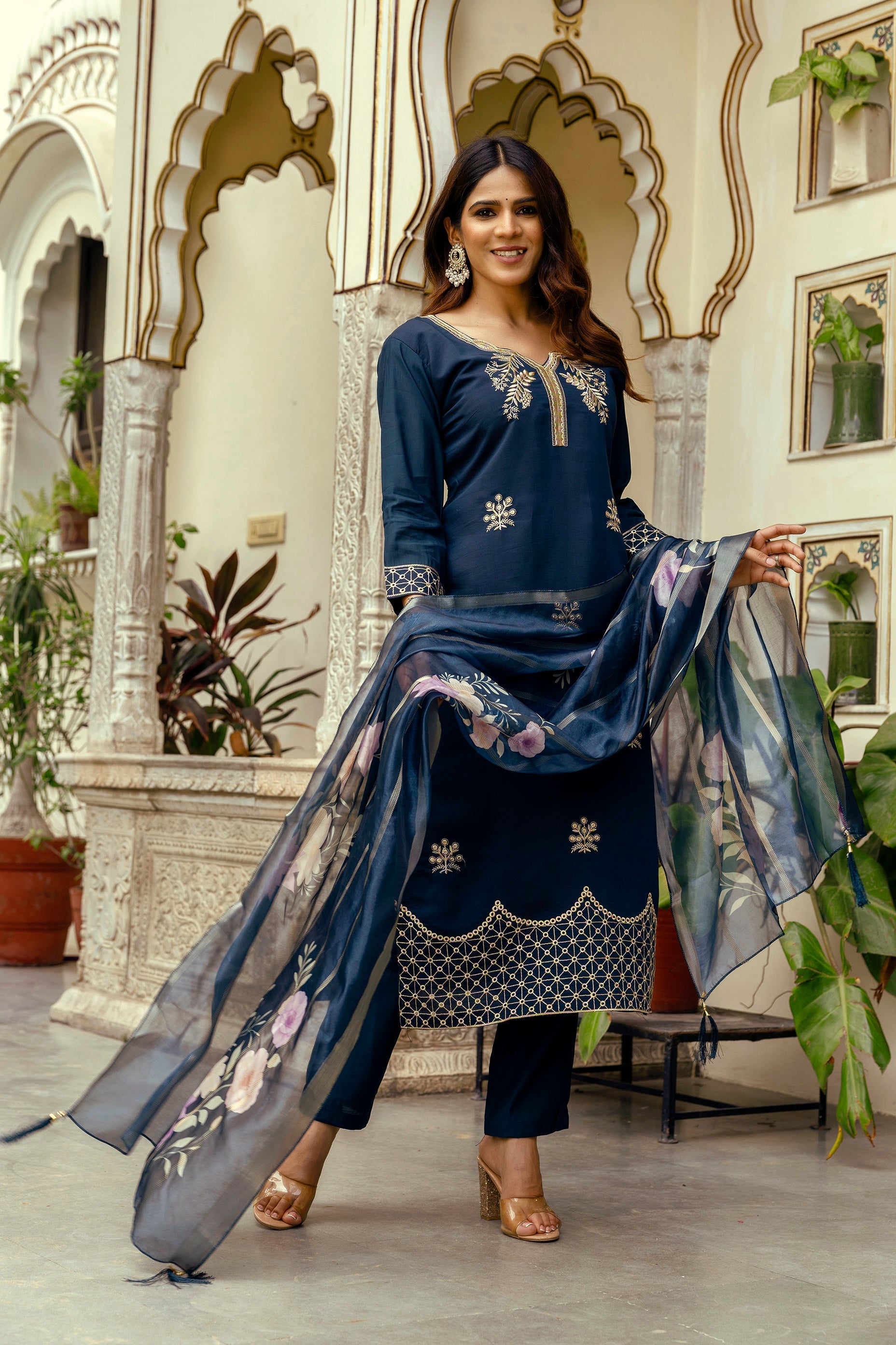 Sonakshi Women's Navy Blue Viscose Chanderi Embroidered Kurta Set with Dupatta - Distacart
