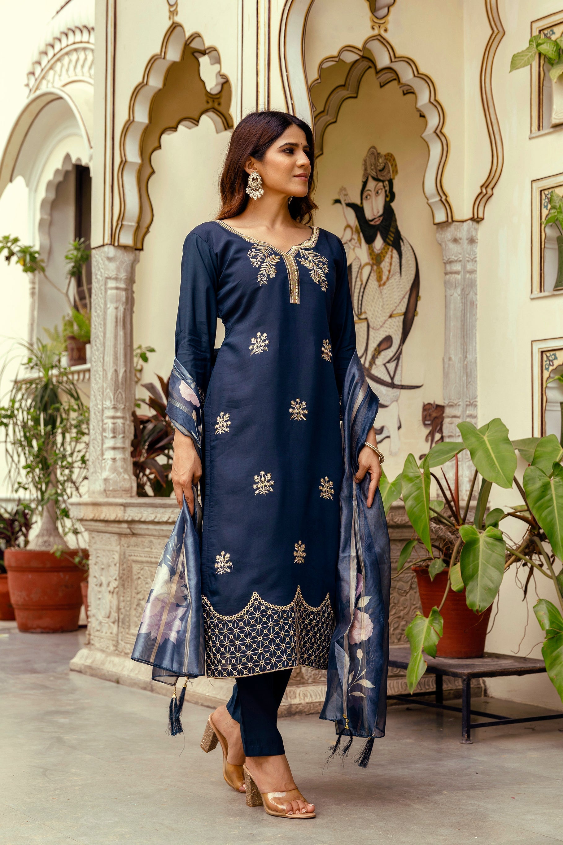 Sonakshi Women's Navy Blue Viscose Chanderi Embroidered Kurta Set with Dupatta - Distacart