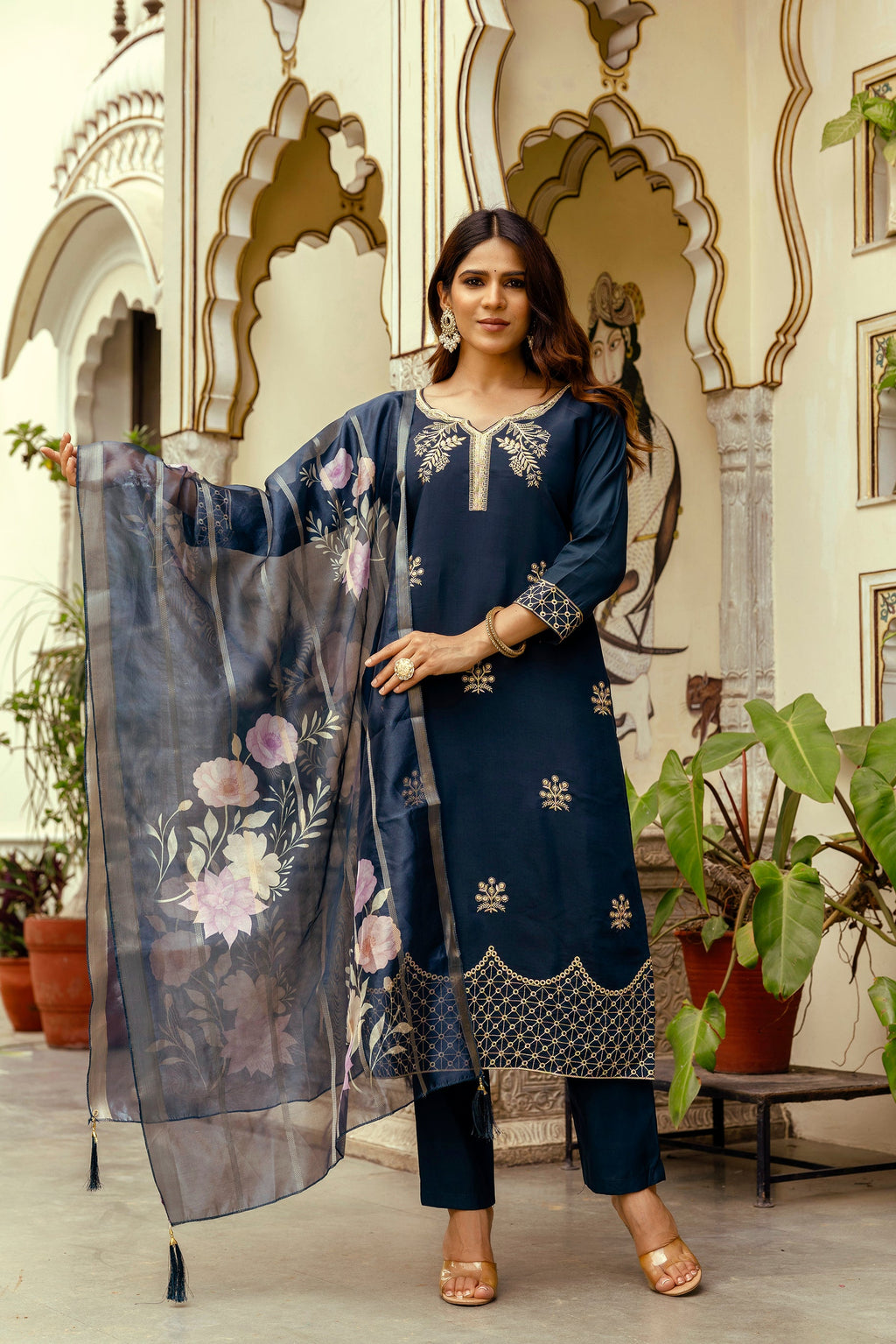 Sonakshi Women's Navy Blue Viscose Chanderi Embroidered Kurta Set with Dupatta - Distacart