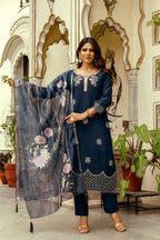 Sonakshi Women's Navy Blue Viscose Chanderi Embroidered Kurta Set with Dupatta - Distacart