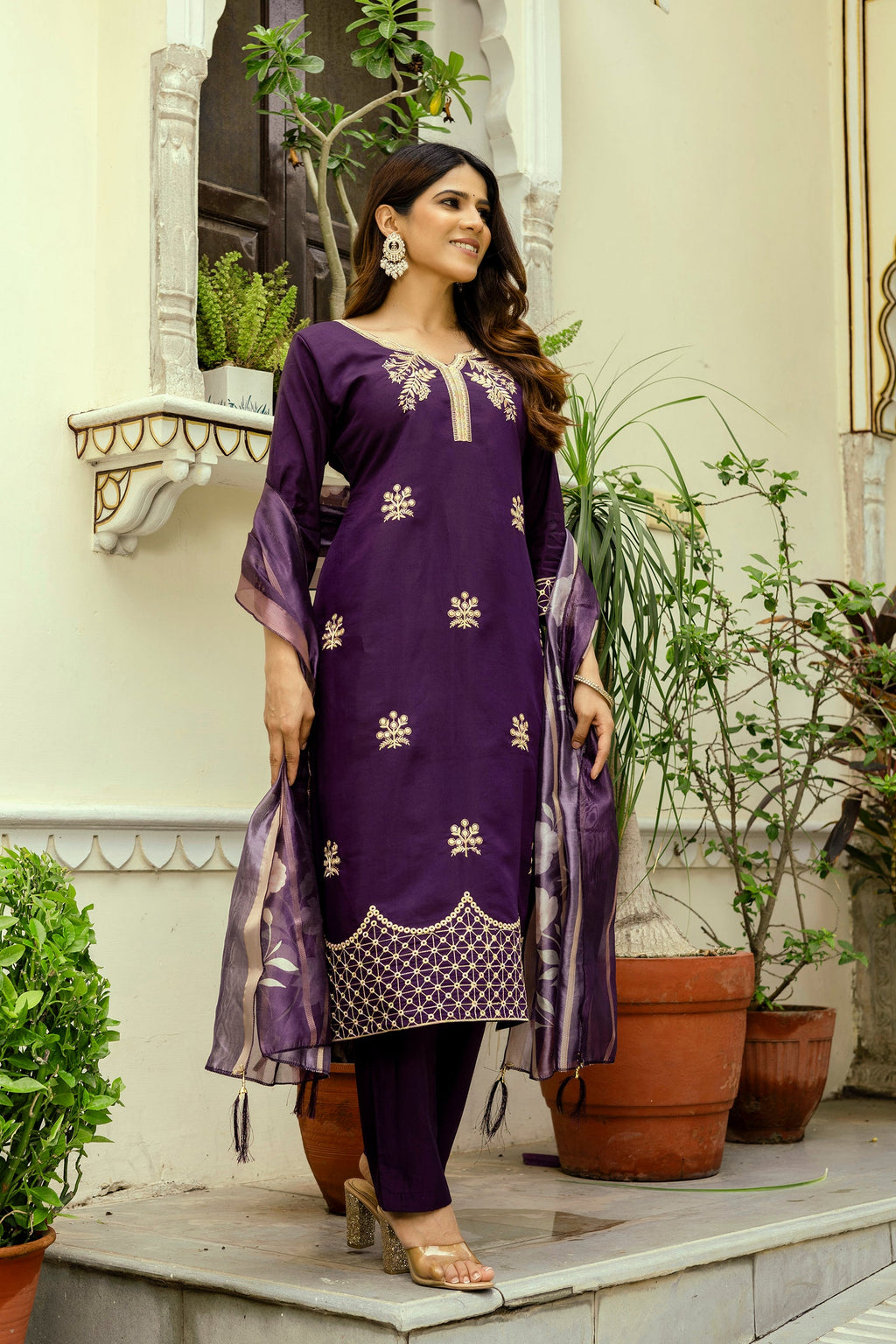 Sonakshi Women's Purple Viscose Chanderi Embroidered Kurta Set with Dupatta - Distacart