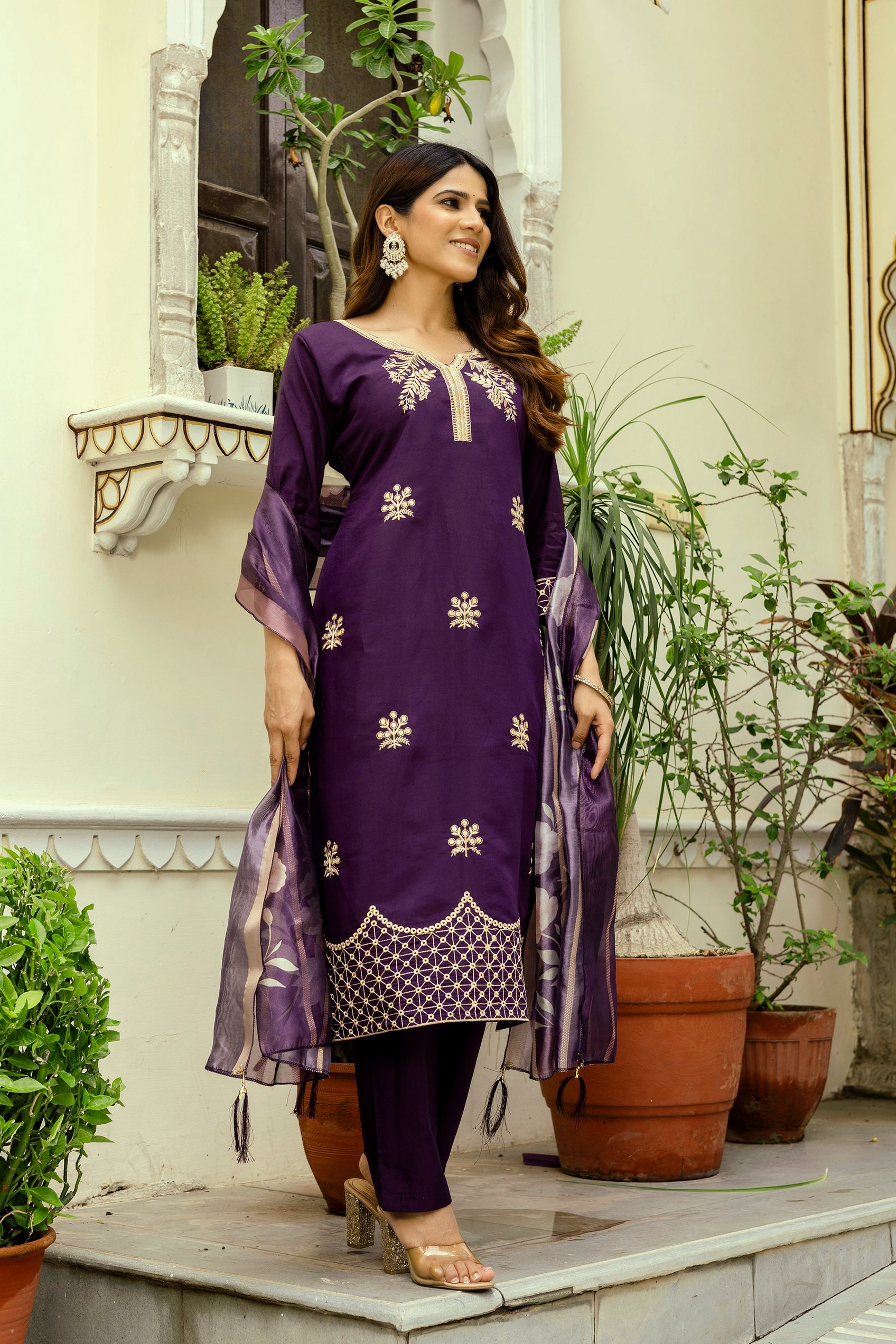 Sonakshi Women's Purple Viscose Chanderi Embroidered Kurta Set with Dupatta - Distacart