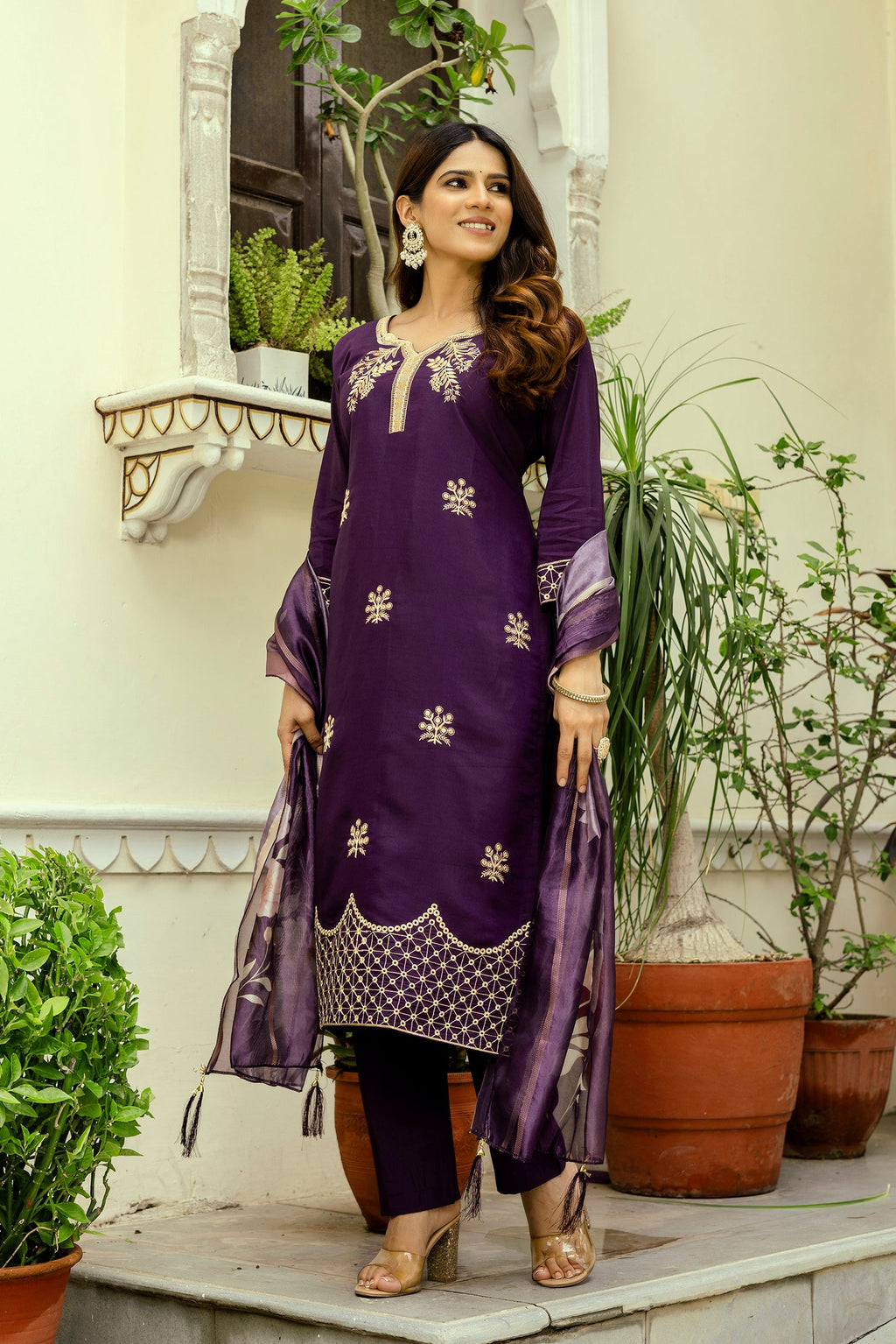 Sonakshi Women's Purple Viscose Chanderi Embroidered Kurta Set with Dupatta - Distacart