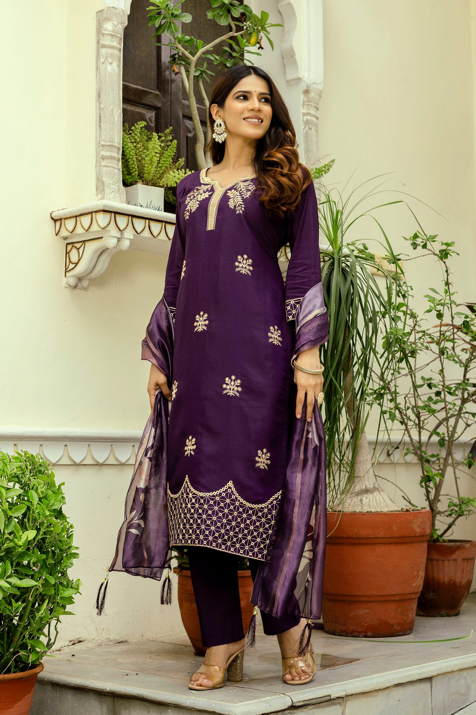 Sonakshi Women's Purple Viscose Chanderi Embroidered Kurta Set with Dupatta - Distacart