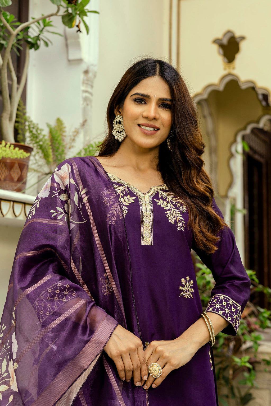 Sonakshi Women's Purple Viscose Chanderi Embroidered Kurta Set with Dupatta - Distacart