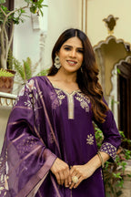 Sonakshi Women's Purple Viscose Chanderi Embroidered Kurta Set with Dupatta - Distacart