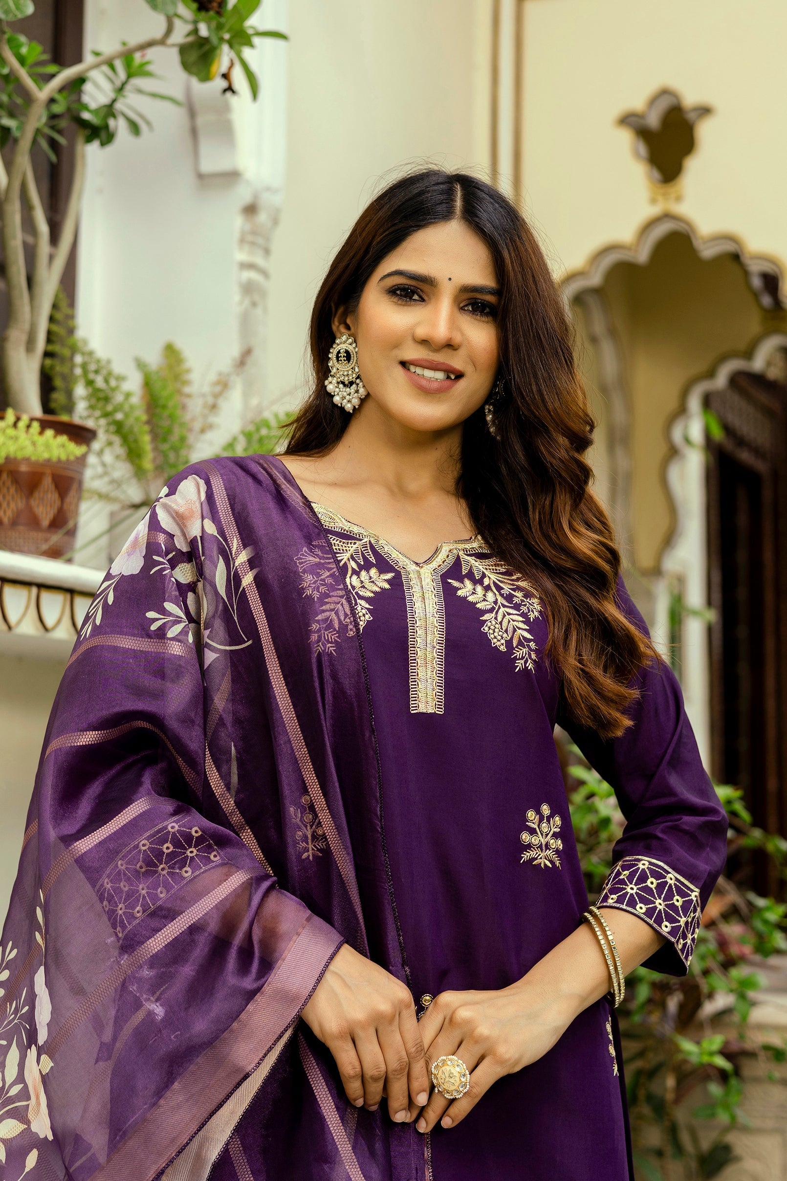 Sonakshi Women's Purple Viscose Chanderi Embroidered Kurta Set with Dupatta - Distacart