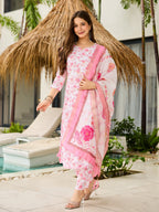 Sonakshi Women's Pink Silk Blend Printed Kurta Set with Dupatta - Distacart