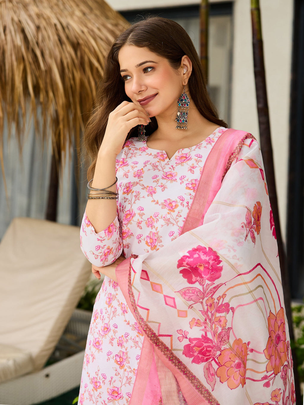 Sonakshi Women's Pink Silk Blend Printed Kurta Set with Dupatta - Distacart