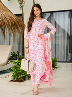 Sonakshi Women's Pink Silk Blend Printed Kurta Set with Dupatta - Distacart