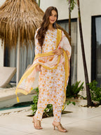 Sonakshi Women's Yellow Silk Blend Printed Kurta Set with Dupatta - Distacart