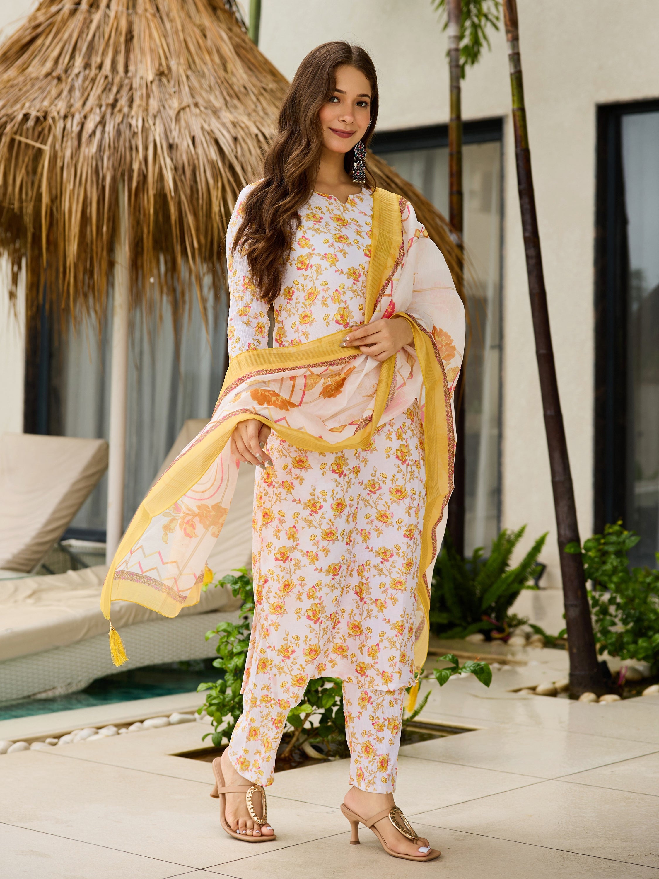 Sonakshi Women's Yellow Silk Blend Printed Kurta Set with Dupatta - Distacart