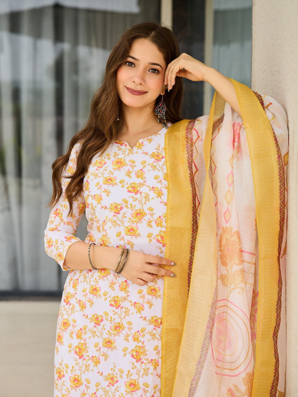 Sonakshi Women's Yellow Silk Blend Printed Kurta Set with Dupatta - Distacart