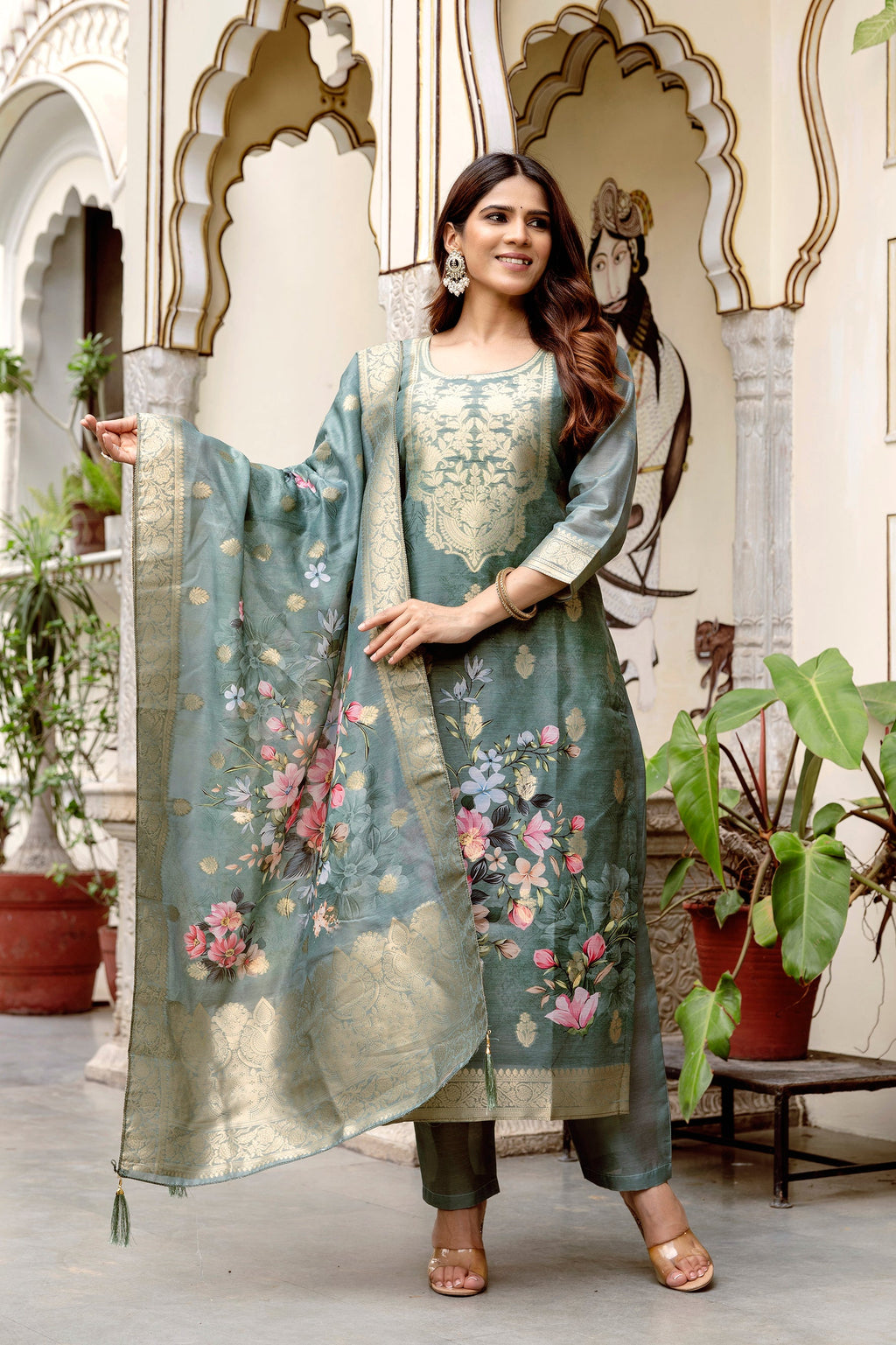 Sonakshi Women's Grey Chanderi Cotton Printed Kurta Set with Dupatta - Distacart