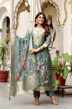 Sonakshi Women's Grey Chanderi Cotton Printed Kurta Set with Dupatta - Distacart