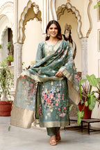 Sonakshi Women's Grey Chanderi Cotton Printed Kurta Set with Dupatta - Distacart