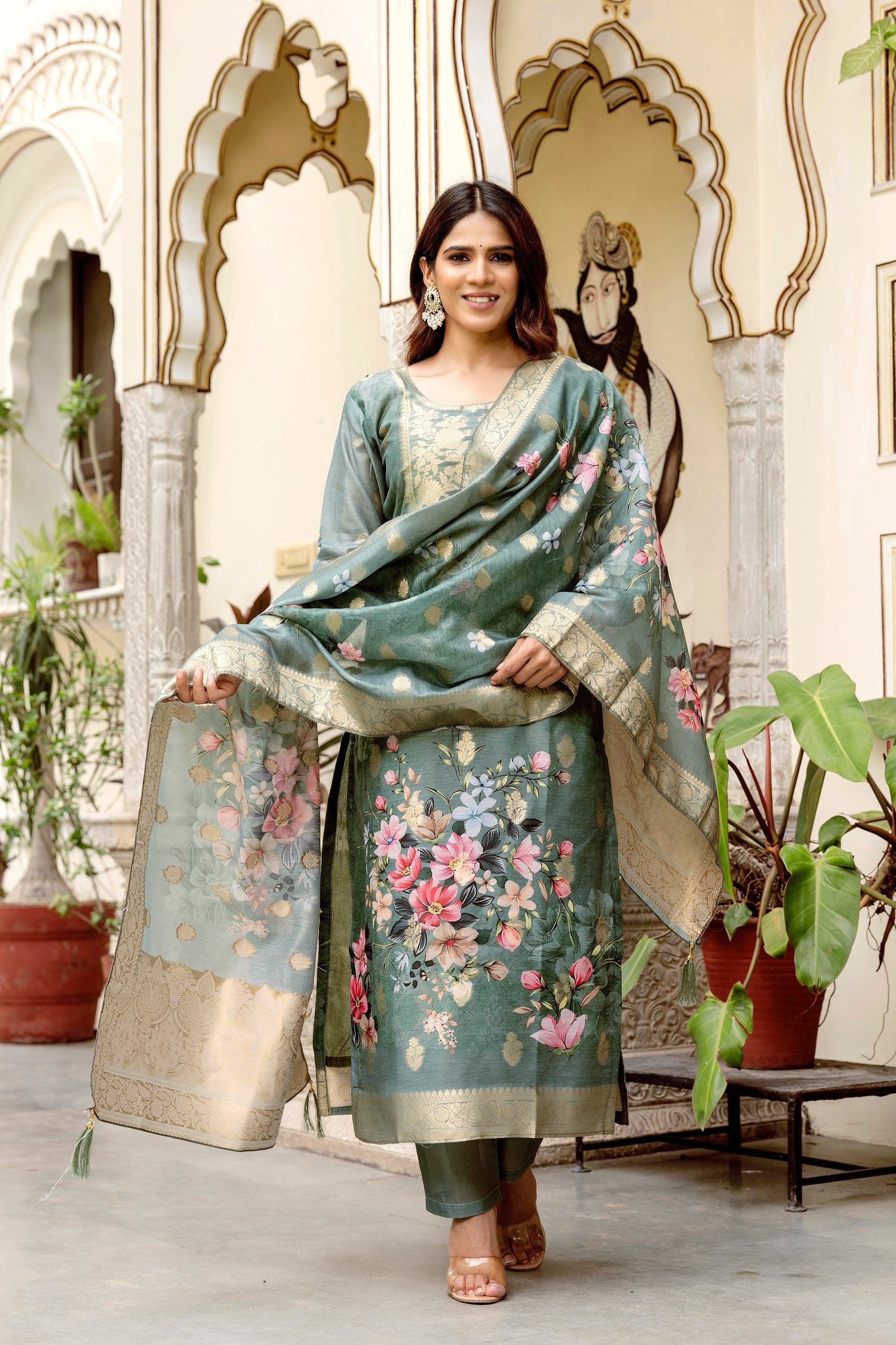 Sonakshi Women's Grey Chanderi Cotton Printed Kurta Set with Dupatta - Distacart