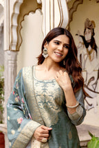 Sonakshi Women's Grey Chanderi Cotton Printed Kurta Set with Dupatta - Distacart