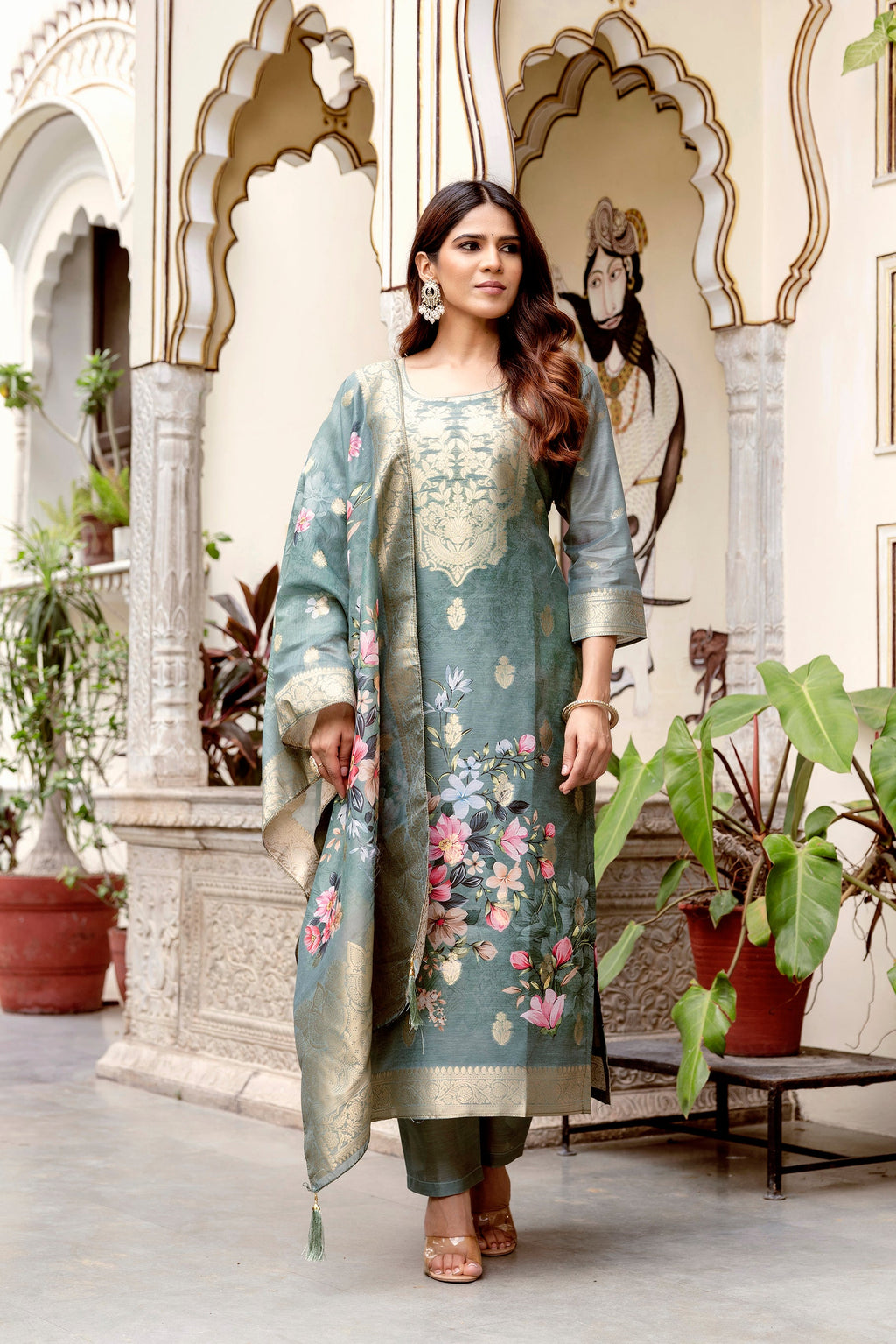 Sonakshi Women's Grey Chanderi Cotton Printed Kurta Set with Dupatta - Distacart