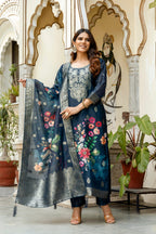 Sonakshi Women's Navy Blue Chanderi Cotton Printed Kurta Set with Dupatta - Distacart