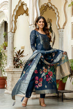Sonakshi Women's Navy Blue Chanderi Cotton Printed Kurta Set with Dupatta - Distacart