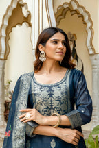 Sonakshi Women's Navy Blue Chanderi Cotton Printed Kurta Set with Dupatta - Distacart
