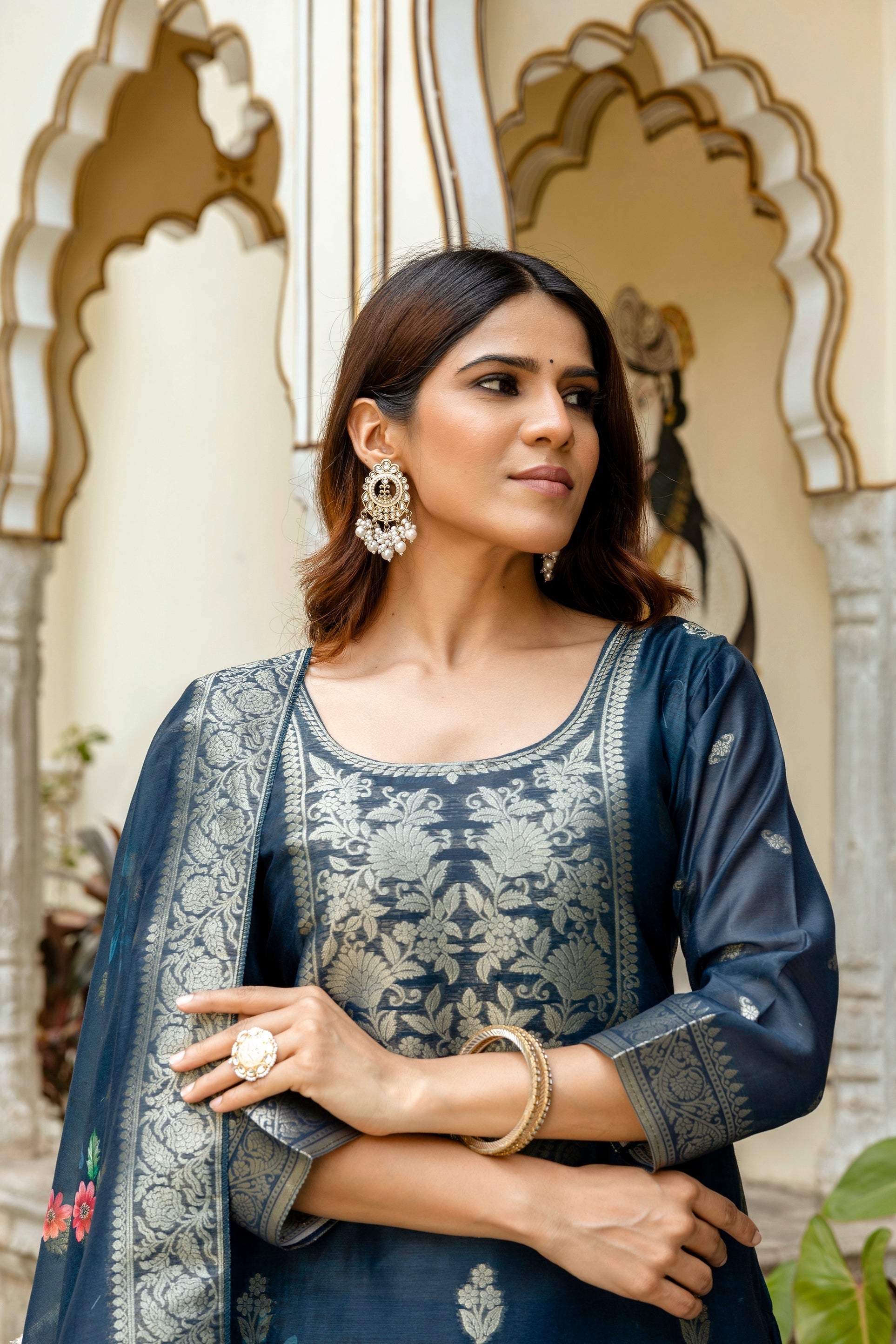 Sonakshi Women's Navy Blue Chanderi Cotton Printed Kurta Set with Dupatta - Distacart