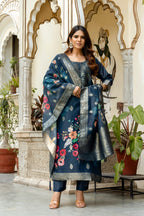 Sonakshi Women's Navy Blue Chanderi Cotton Printed Kurta Set with Dupatta - Distacart