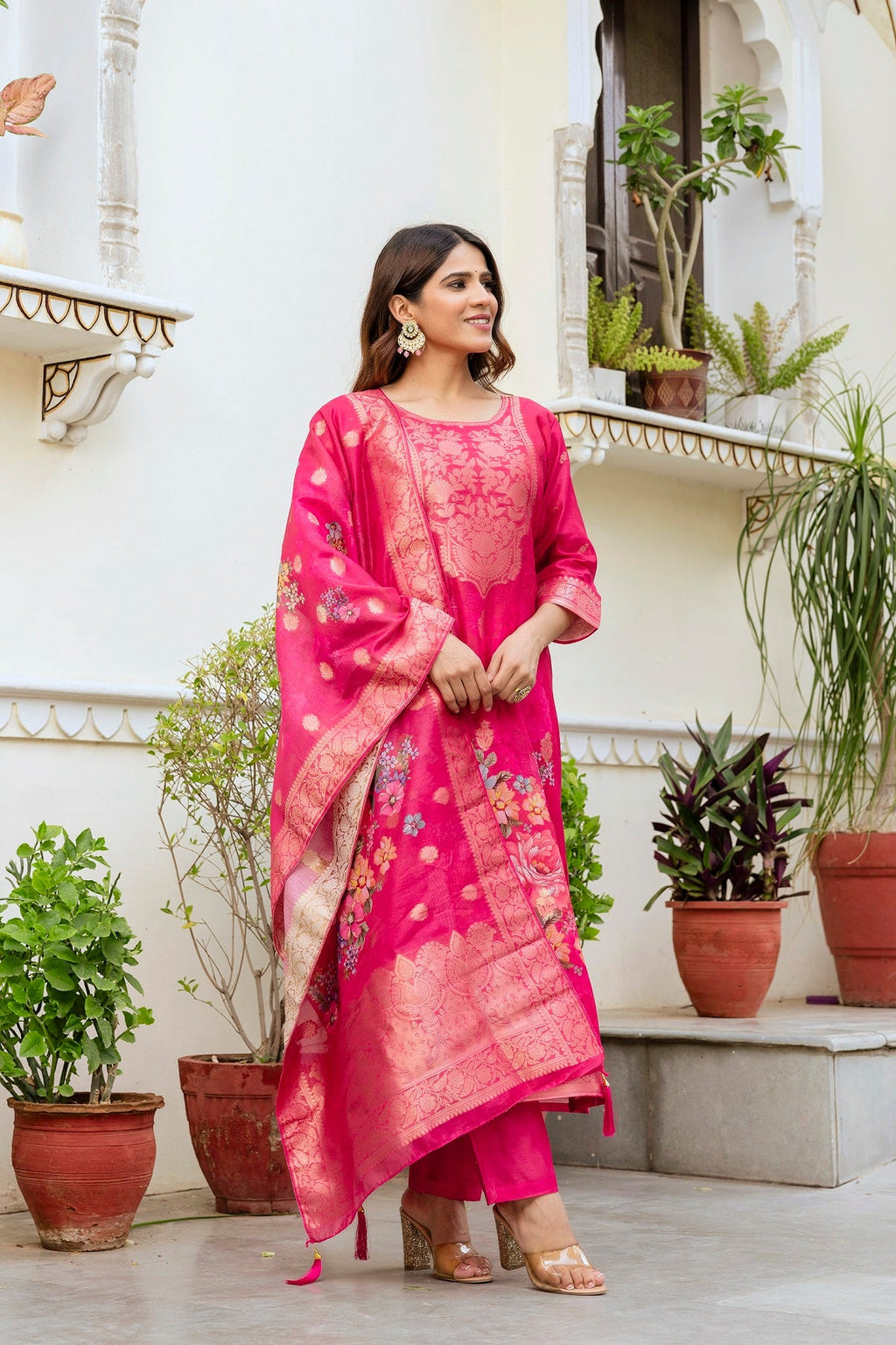Sonakshi Women's Pink Chanderi Cotton Printed Kurta Set with Dupatta - Distacart