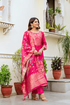 Sonakshi Women's Pink Chanderi Cotton Printed Kurta Set with Dupatta - Distacart